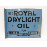A Royal Daylight Oil for Lighting, Heating and Cooking double sided enamel sign with hanging flange,