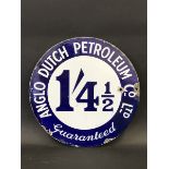 A rare Anglo Dutch Petroleum Co. Ltd. circular double sided enamel price tag sign from a petrol