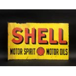 A Shell Motor Spirit and Motor Oils double sided enamel sign with reattached hanging flange, some