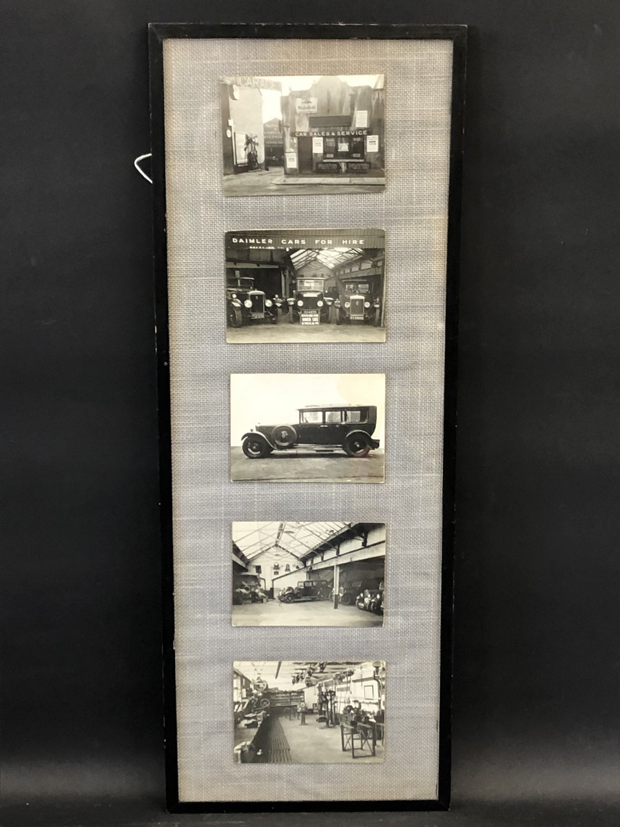 A framed and glazed group of five early original black and white photographs relating to a Daimler