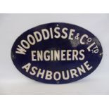 A Woodisie & Co. Ltd Engineers of Ashbourne oval blue enamel sign, 18 x 12".