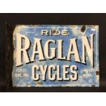 A Raglan Cycles double sided enamel sign with hanging flange, faded to both sides, 17 x 12".