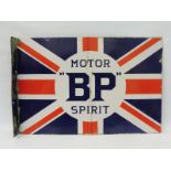 A BP Motor Spirit Union Jack double sided enamel sign with hanging flange, by Franco, 24 x 16".