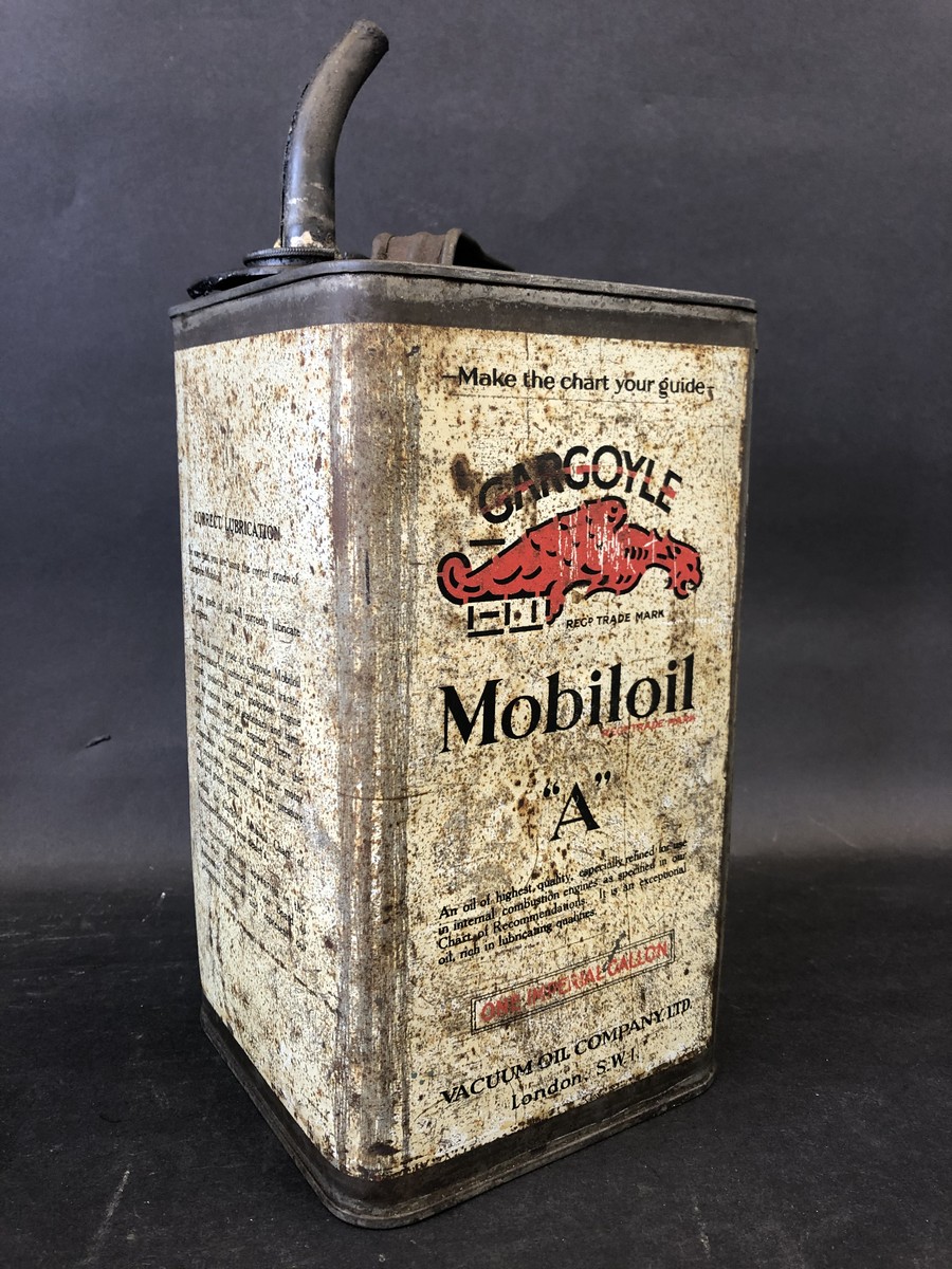 A Gargoyle Mobiloil 'A' grade square gallon can with spout.