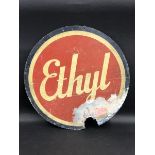 An Ethyl circular aluminium oil cabinet sign, 14" diameter.