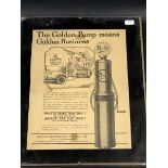 A Pratt's 'Golden Pump' pictorial paper advertisement in a frameless frame, 9 1/2 x 12".