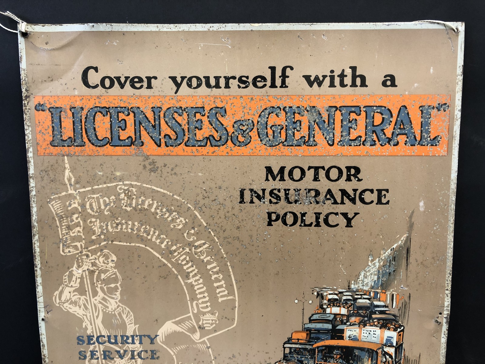 A Licences & General pictorial tin advertising sign depicting a line of vintage transport, 19 x - Image 2 of 4