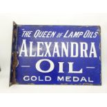 An early Alexandra Oil 'The Queen of Lamp Oils' rectangular double sided enamel sign with hanging