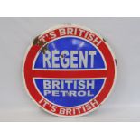 A rare and unusual Regent 'It's British' part convex enamel sign, with signwritten lettering,