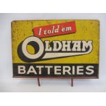 An Oldham Batteries rectangular tin pediment sign, 18 x 13 3/4".