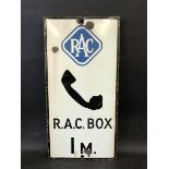 An RAC Box enamel sign indicating the nearest box, 10 x 20".