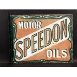 A rare Speedon Motor Oils double sided enamel sign with re-attached hanging flange, 20 x 16".