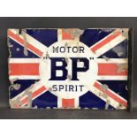 A BP Motor Spirit Union Jack double sided enamel sign with reattached hanging flange by Protector,