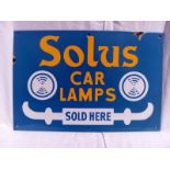 A Solus Car Lamps Sold Here rectangular enamel sign, bottom right hand corner restored, otherwise