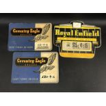 Two Coventry Eagle Cycles rectangular price showcards and a Royal Enfield price card.