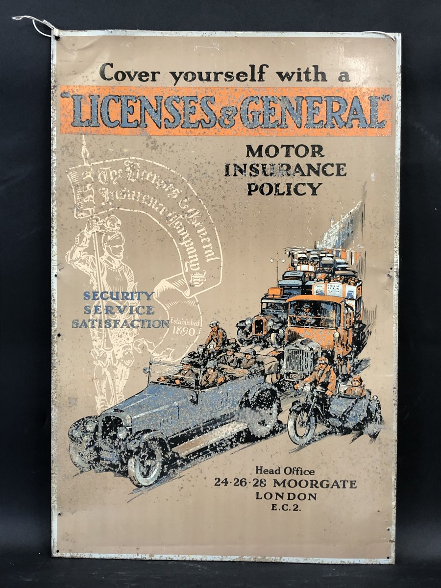 A Licences & General pictorial tin advertising sign depicting a line of vintage transport, 19 x