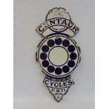 A rare Centaur Cycles die-cut enamel sign by Patent Enamel, 14 x 30".