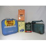 Five assorted oil/fuel cans including Eversure, Aladdin Pink Paraffin etc.