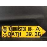 An AA double sided directional enamel road sign pointing towards Warminster and Bath on the A36 by