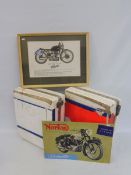 Two motorcycle panniers, a framed print of a 1949 Velocette Mark VIII KTT plus a reproduction Norton