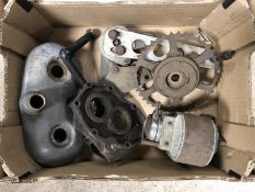 A box of Scott motorcycle parts.