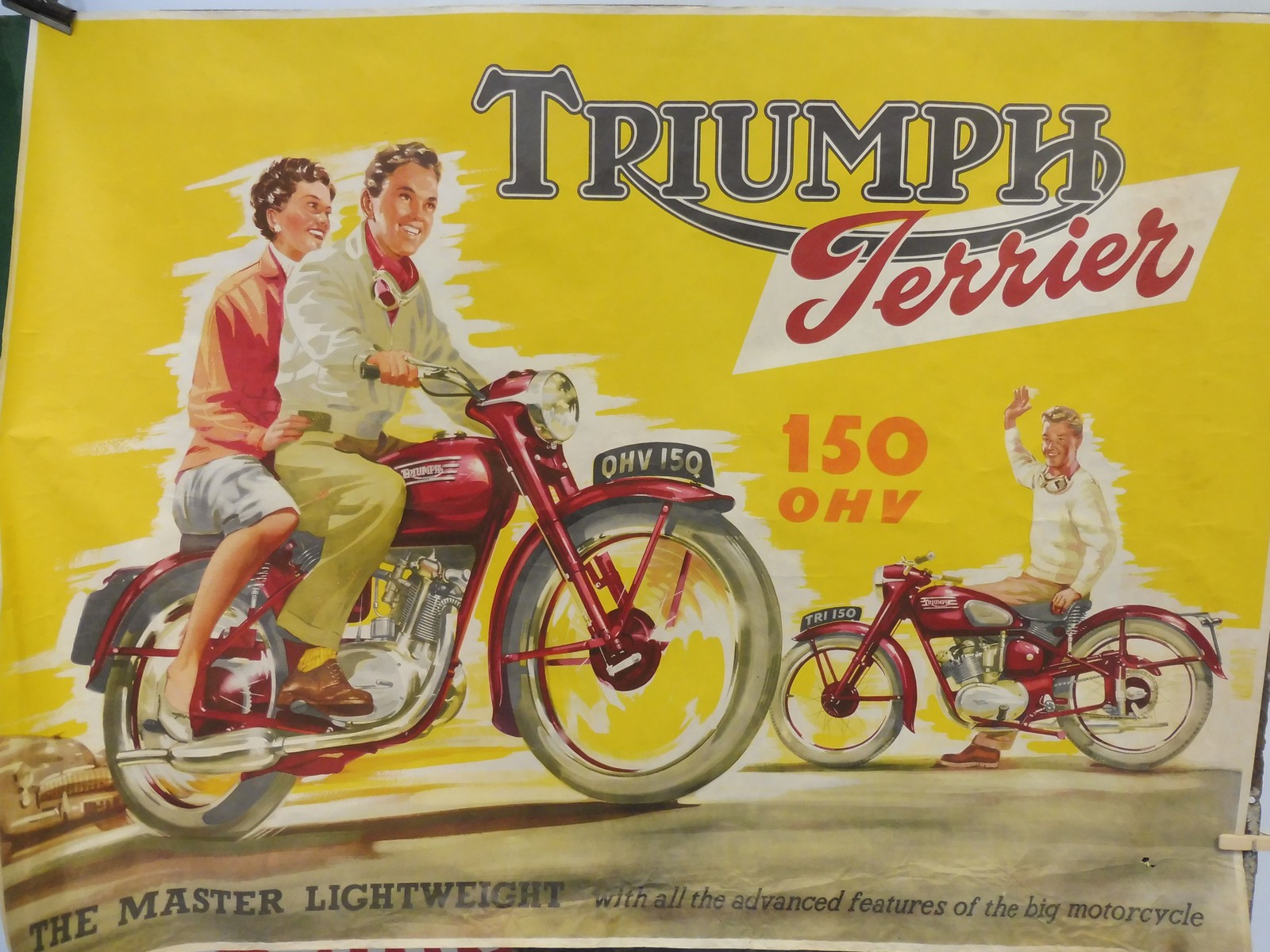 A rare Triumph Terrier motorcycle pictorial poster depicting a 150 ohv Terrier, 39 x 28 1/2".