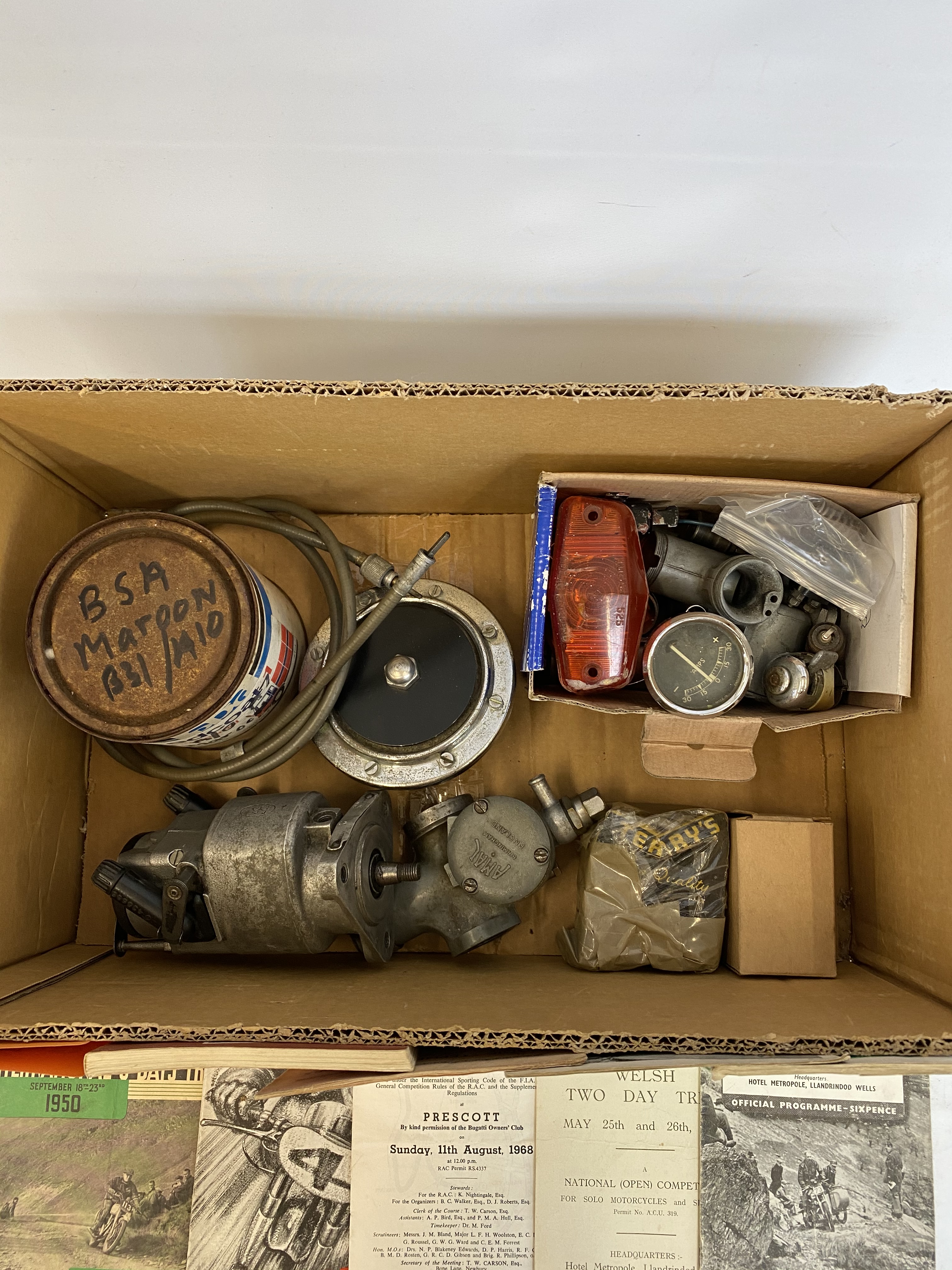 A box of assorted motorcycle parts to include a KTF magneto, an Amal carburettor etc. - Image 2 of 2