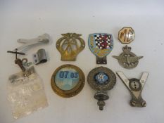 A selection of car badges and fittings including BARC, AA, Civil Service etc. plus an MG radiator