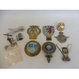 A selection of car badges and fittings including BARC, AA, Civil Service etc. plus an MG radiator
