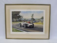 'Fangio' by Alan Fearnley, a framed and glazed limited edition print signed by Juan Fangio and