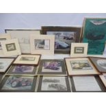 A large box of framed and glazed prints relating to Aston Martin etc.