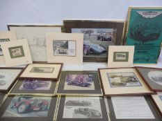 A large box of framed and glazed prints relating to Aston Martin etc.