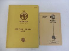 An MG Midget (Series TF) Service Parts List, March 1958 plus an MG Midget Series TF1500 operation