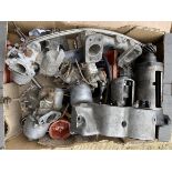 A good box of SU carburettors, plus an early Austin 7 'bacon slicer' starter housing etc.