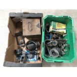 Two boxes of assorted car parts including a Smiths black faced 0-100 degrees centigrade