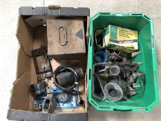 Two boxes of assorted car parts including a Smiths black faced 0-100 degrees centigrade