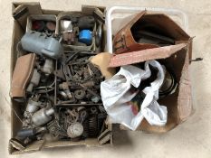 Two boxes of assorted car parts including a Smiths white faced combined oil and temperature gauge,