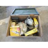 A wooden box of parts including many new old stock, Girling brake parts etc.