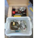 Two boxes of assorted car parts including some new old stock, brake parts, GB oval plate etc.