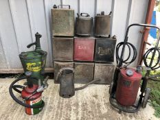 Seven two gallon petrol cans, greasers etc.
