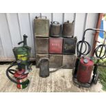 Seven two gallon petrol cans, greasers etc.