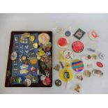 A collection of approximately 70 pin/lapel badges, mainly motorsport.