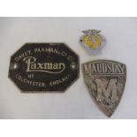 A Davey, Paxman & Co. Ltd. alloy plaque, one other for Maudslay and an AA badge.