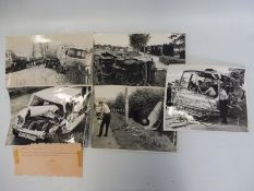 Five large scale black and white photographs of crash scenes, circa 1960s/1970s.