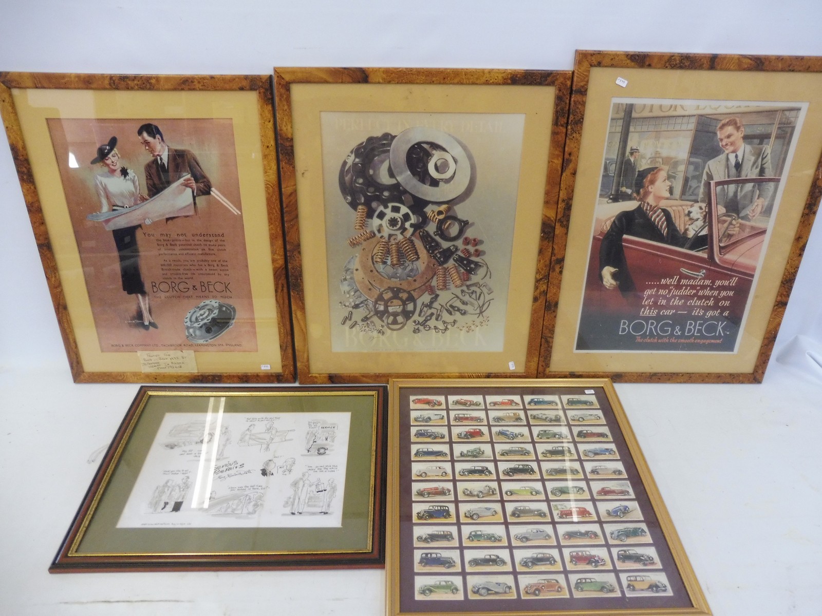 A framed and glazed Players set of 50 cigarette cards Motor Cars, plus three framed and glazed