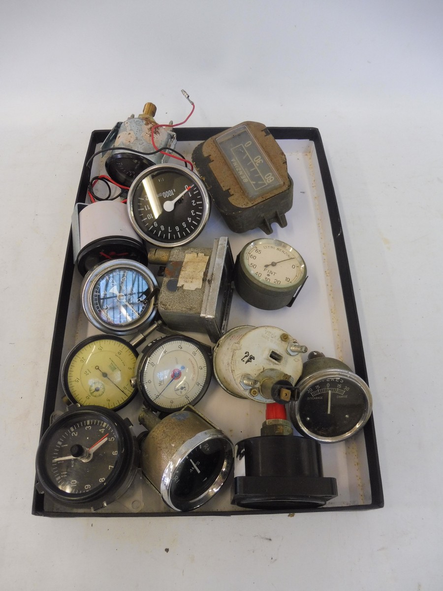 A tray of gauges and instruments including a Fiat fuel gauge etc.