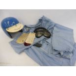 A pair of Stirling Moss designed, two piece blue Les Leston overalls, top is size 40, plus an
