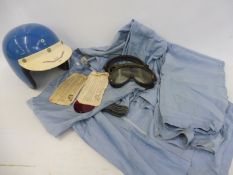 A pair of Stirling Moss designed, two piece blue Les Leston overalls, top is size 40, plus an