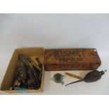 A box of assorted car tools, some possibly Rolls-Royce, a Kismet pump box etc.