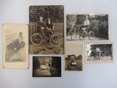 Six small scale photographs of bicycles, tricycles and pedal cars etc.